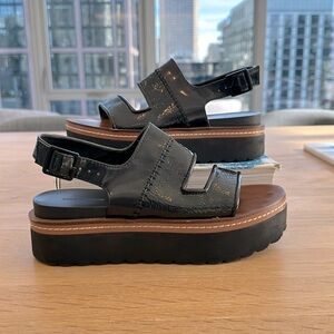 Zara Woman Black Slip On Patent Flatform Sandals